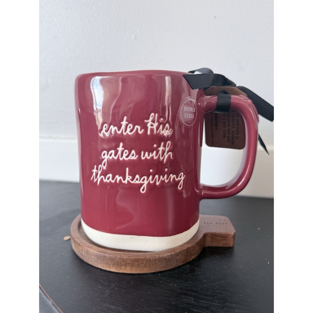 Rae Dunn Psalm 100:4 Double Sided Red Coffee Mug with Wooden Coaster NWT